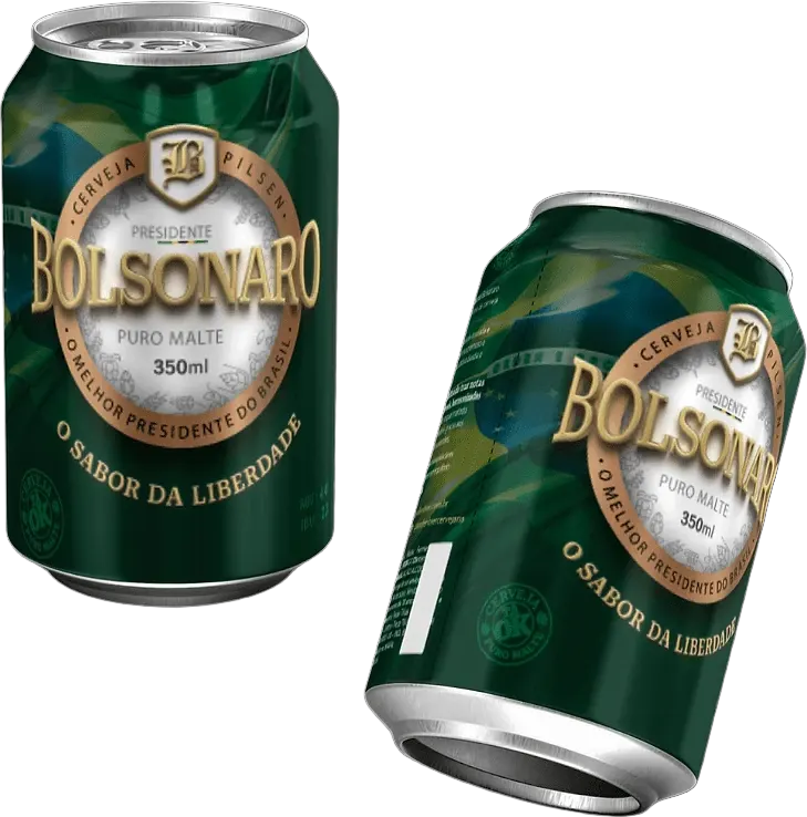 Duas latas verdes da Cerveja Bolsonaro, Pilsen puro malte de 350 ml, com o rótulo dourado